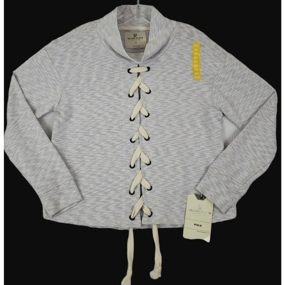 SP SILVER PLATE jeans Co. ~Size L~ White/Gray Striped Top Shirt Turtleneck NEW. - Picture 9 of 12